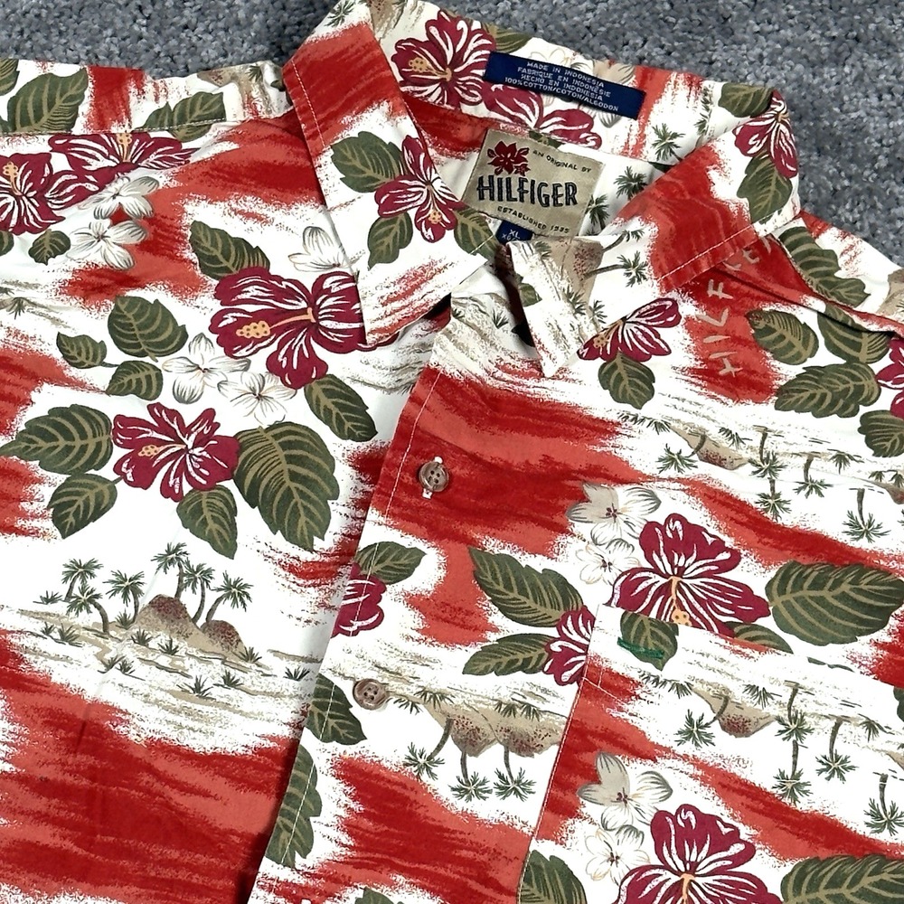 Tommy Hilfiger Hawaiian Shirt Mens XL Red Floral Button Up Short Sleeve  Beach
